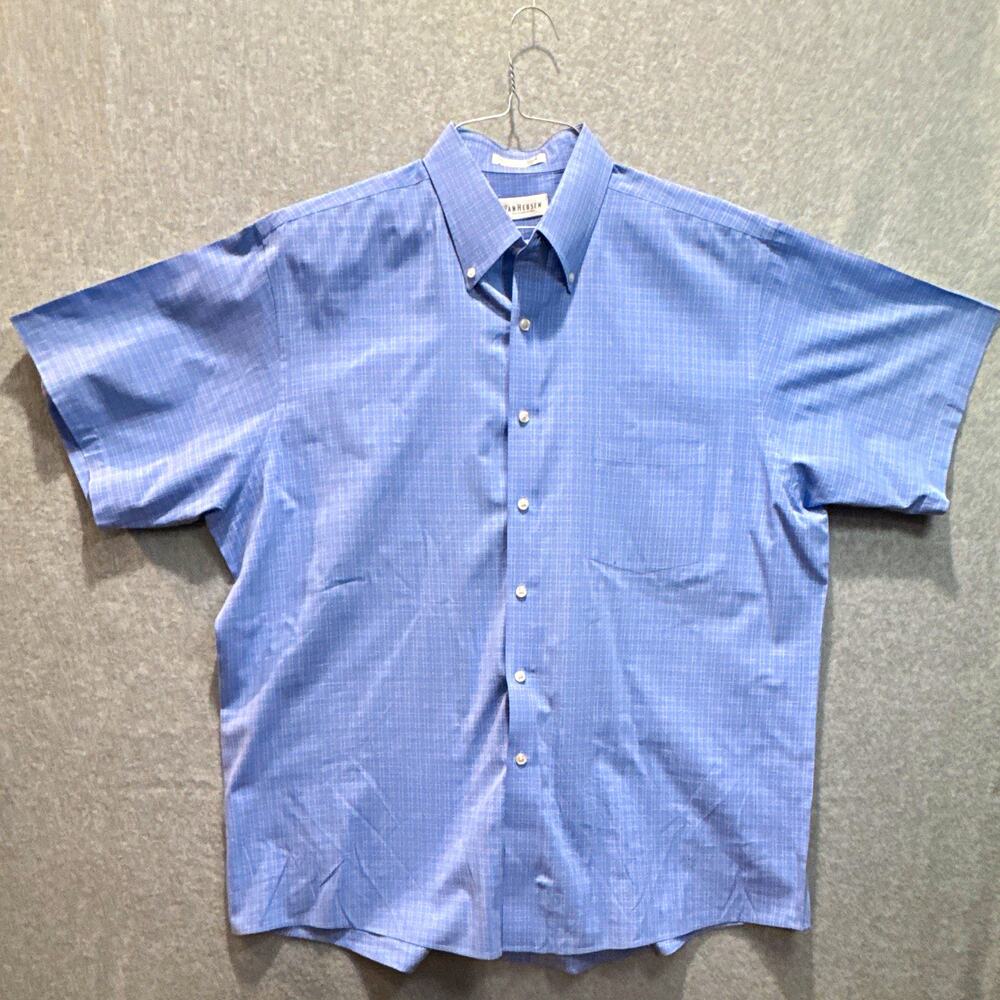 Van Heusen Mens Blue Plaid Broadcloth Dress Shirt Wrinkle Free 17-17.5 SS